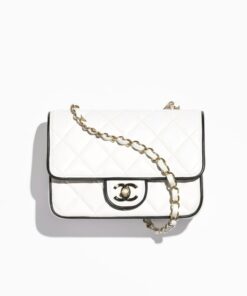 Chanel Flap Bag Mini Crossbody 7.7in/ 19.5cm White/ Black Gold Hardware For Women AS5151 B19381 NAFJQ