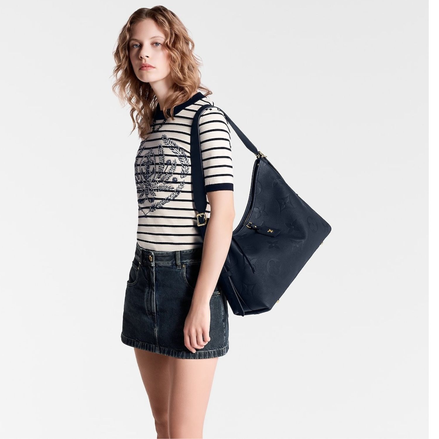 Louis Vuitton CarryAll MM Shoulder Bag 15in/ 39cm Monogram Empreinte Navy Blue Gold Hardware For Women M46669 - Image 2